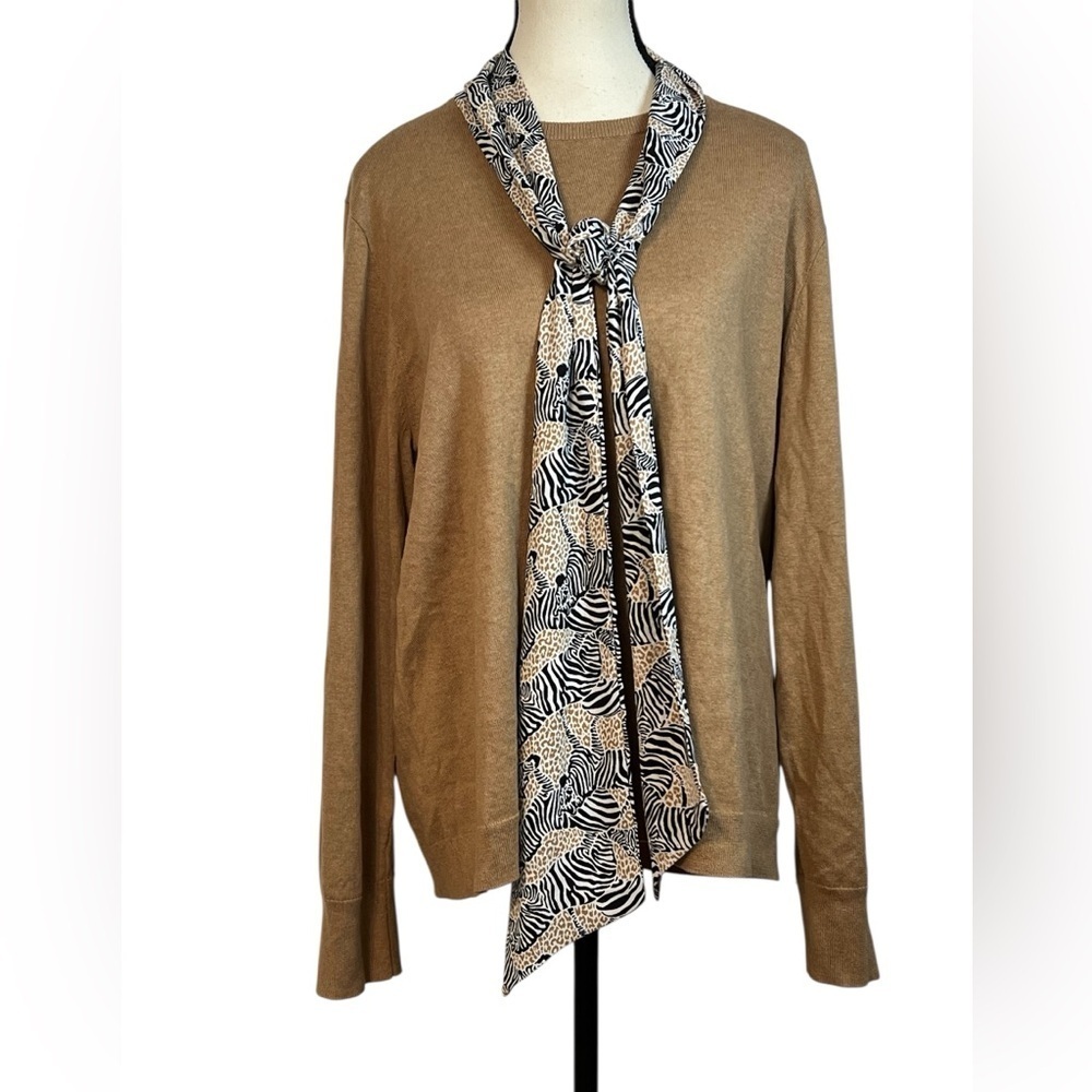 J. Crew Camel Brown Sweater with Zebra Print Attached Scarf new with tags - Picture 2 of 7